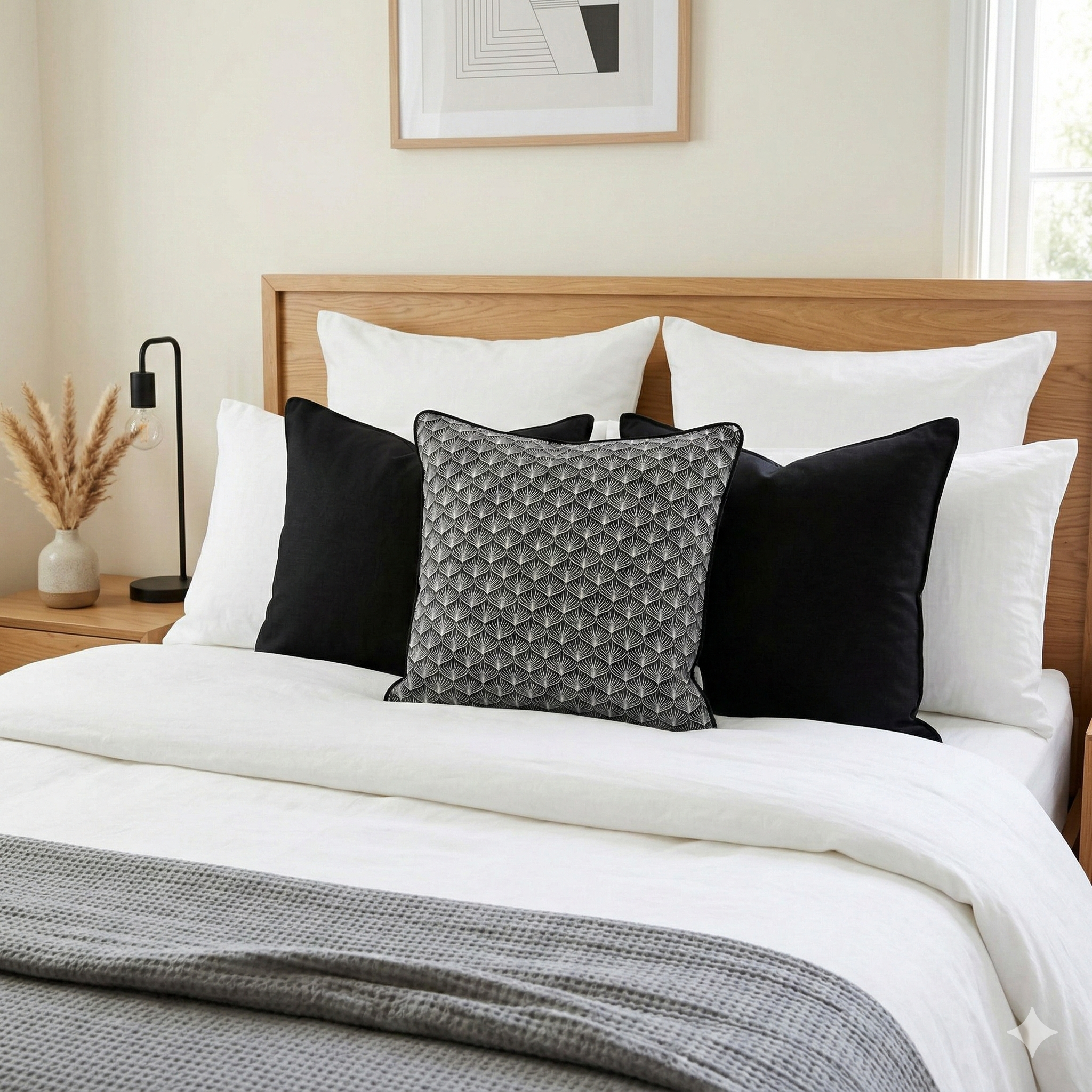 Cojín Art Déco Raíz Negro con Vivo • Algodón Premium