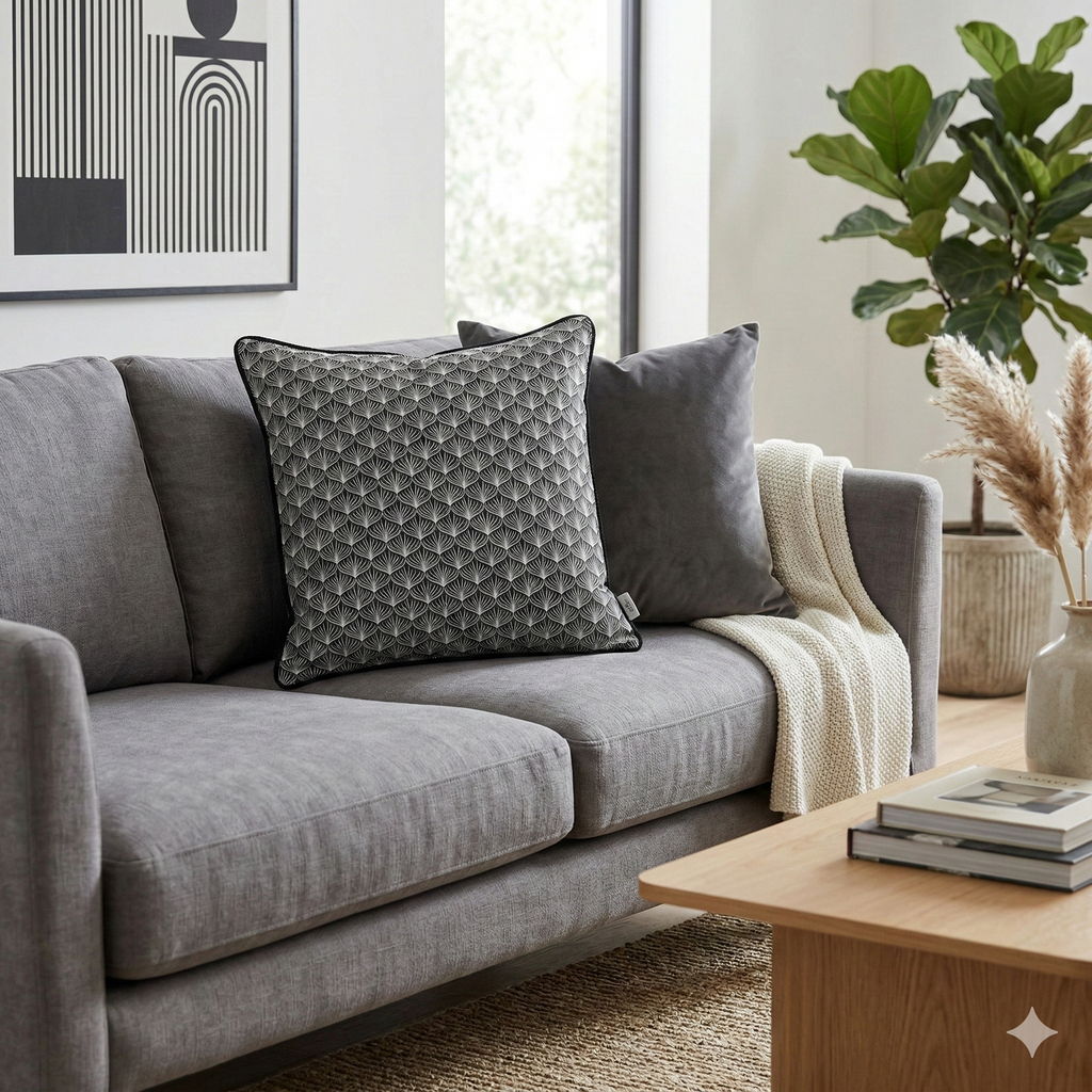Cojín Art Déco Raíz Negro con Vivo • Algodón Premium