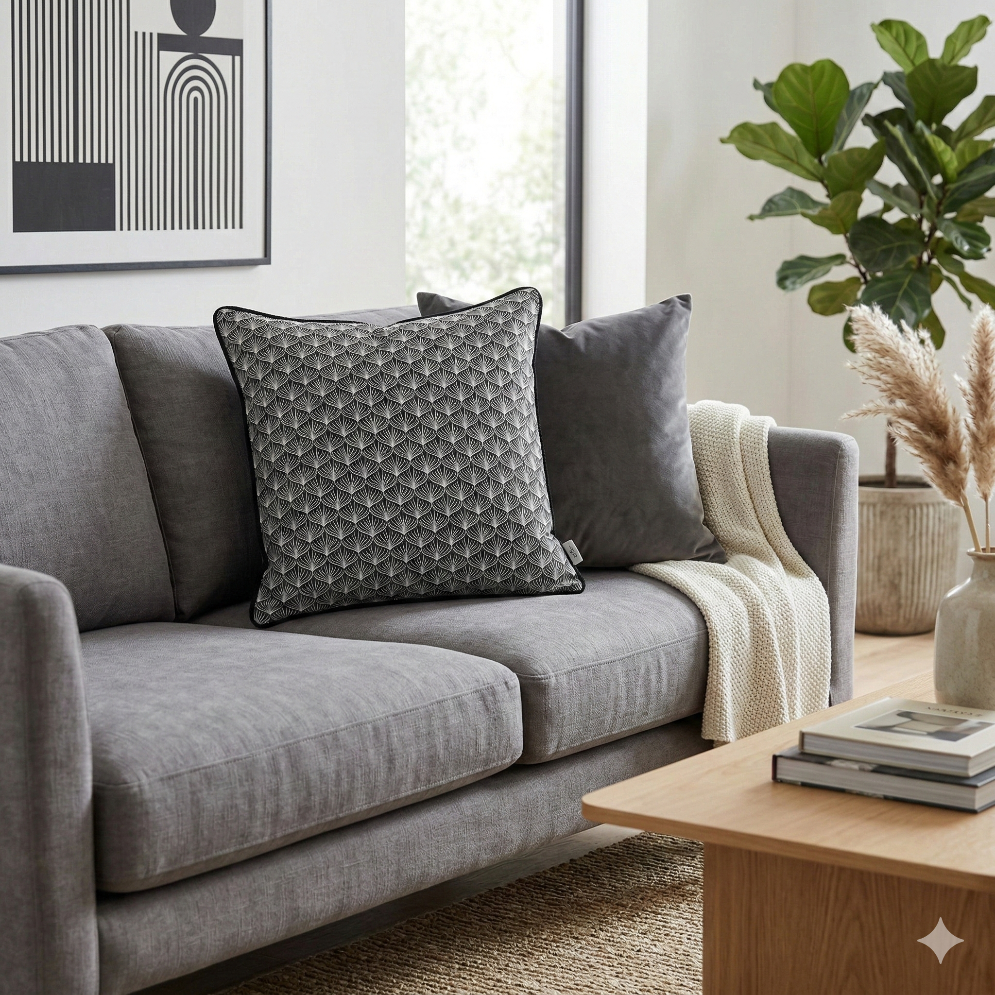 Cojín Art Déco Raíz Negro con Vivo • Algodón Premium