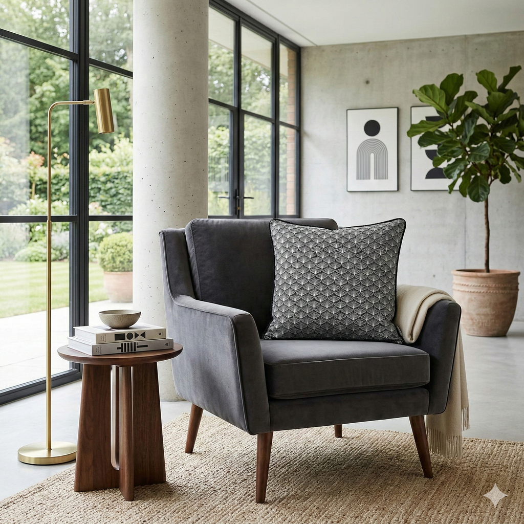 Cojín Art Déco Raíz Negro con Vivo • Algodón Premium
