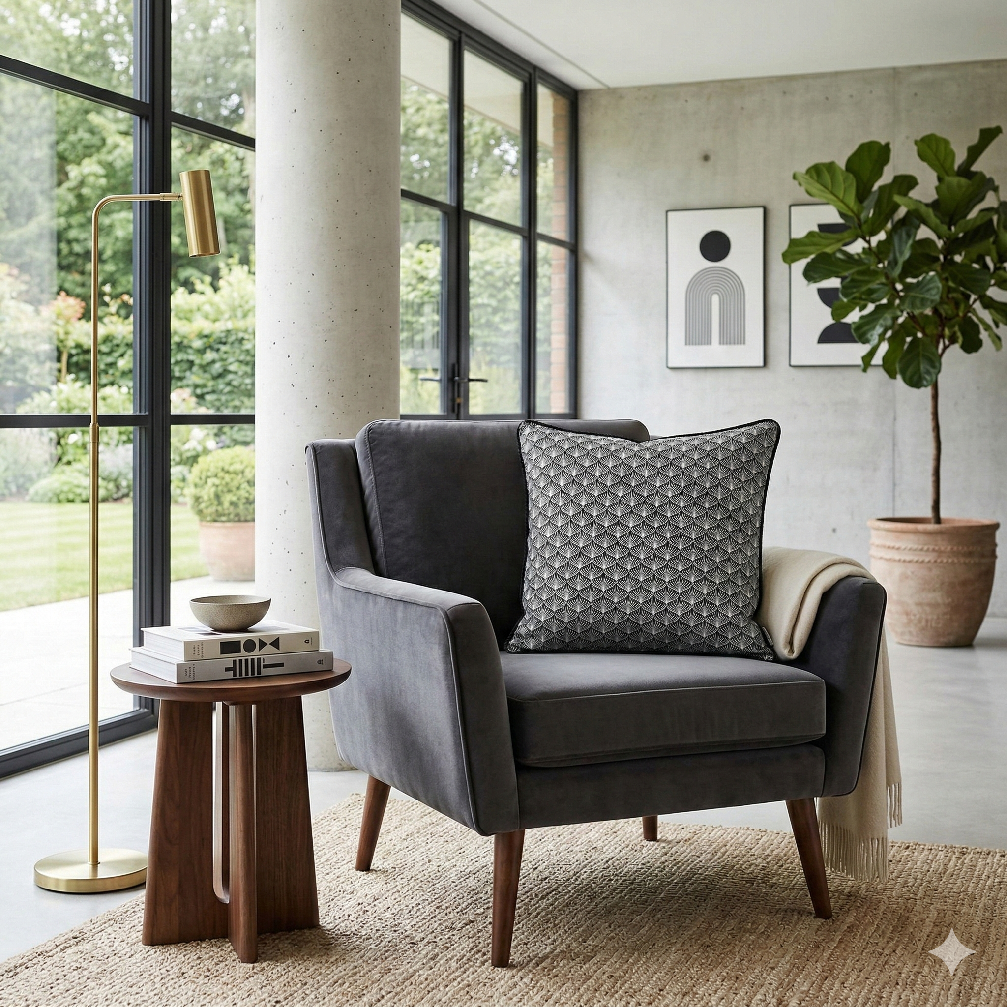 Cojín Art Déco Raíz Negro con Vivo • Algodón Premium