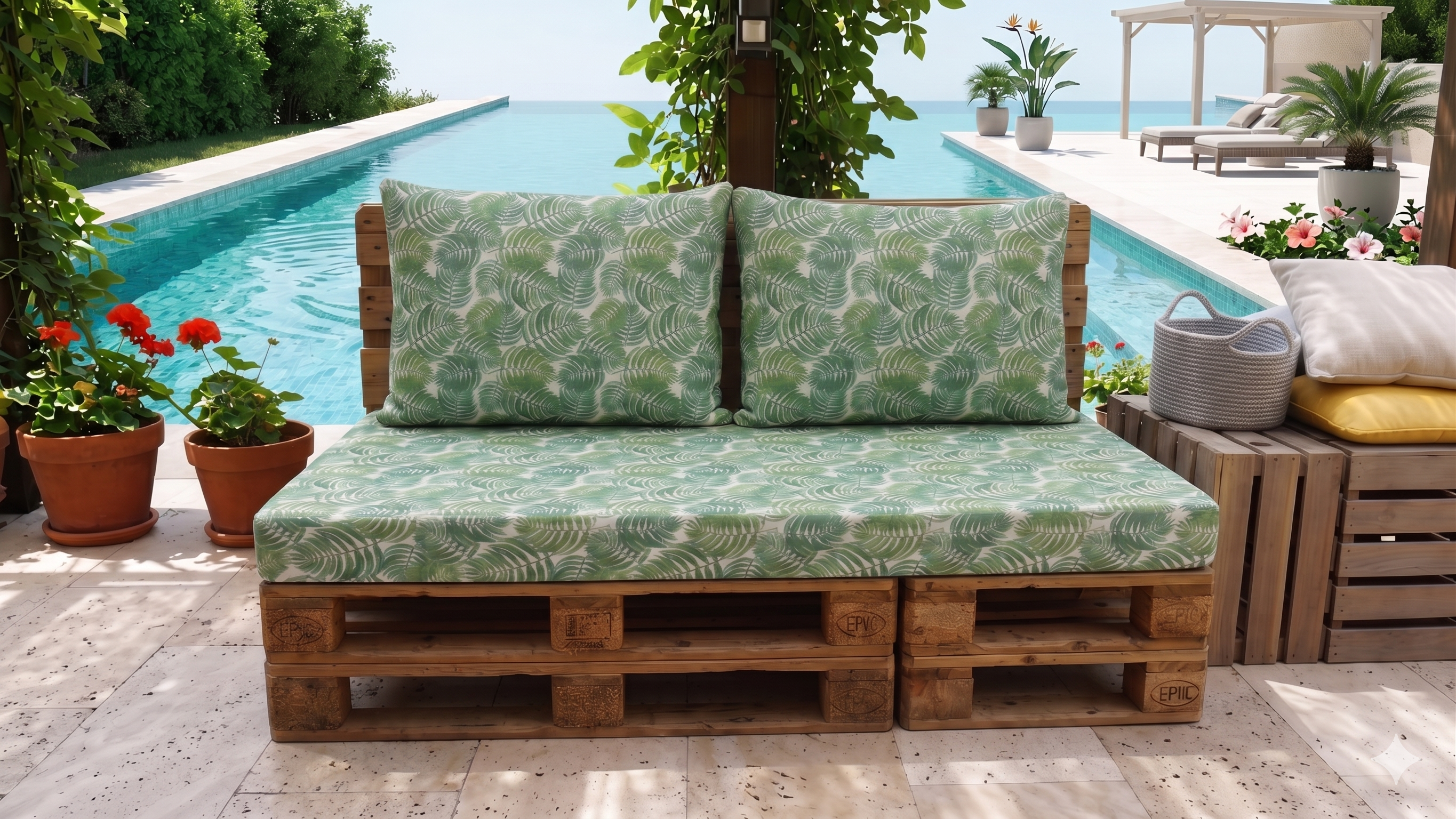 Set de 3 Cojines Premium para Sofá de Palets - Estampado Tropical "Hojas" | Asiento con Cremallera de 2m + 2 Respaldos de 70x55cm | Espuma de Alta Densidad (D25) para Exterior