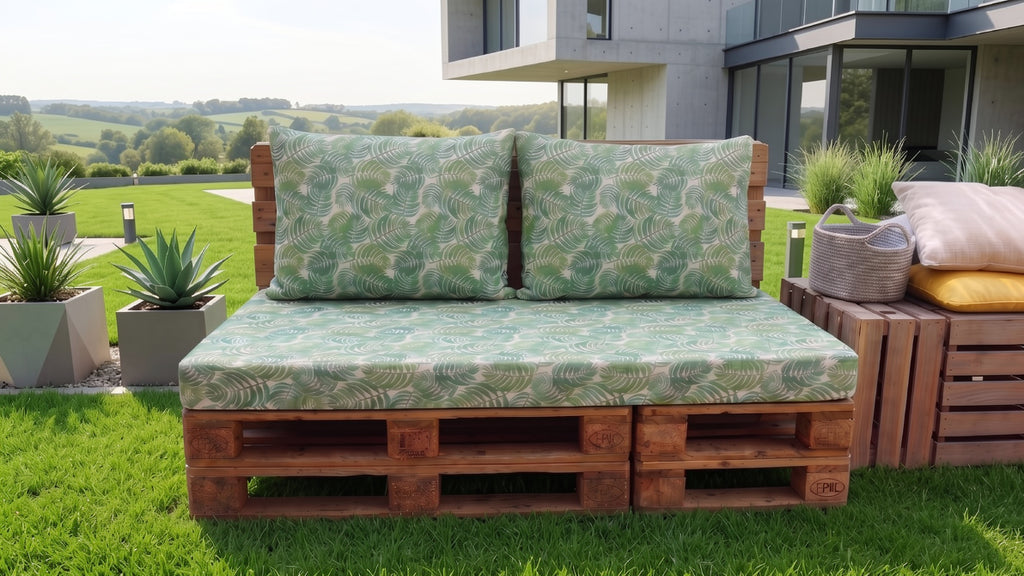 Set de 3 Cojines Premium para Sofá de Palets - Estampado Tropical "Hojas" | Asiento con Cremallera de 2m + 2 Respaldos de 70x55cm | Espuma de Alta Densidad (D25) para Exterior