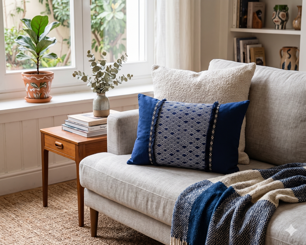 Cojín Rectangular Nami Azul 50x36 cm con Cinta Étnica | 100% Algodón (Con Relleno)