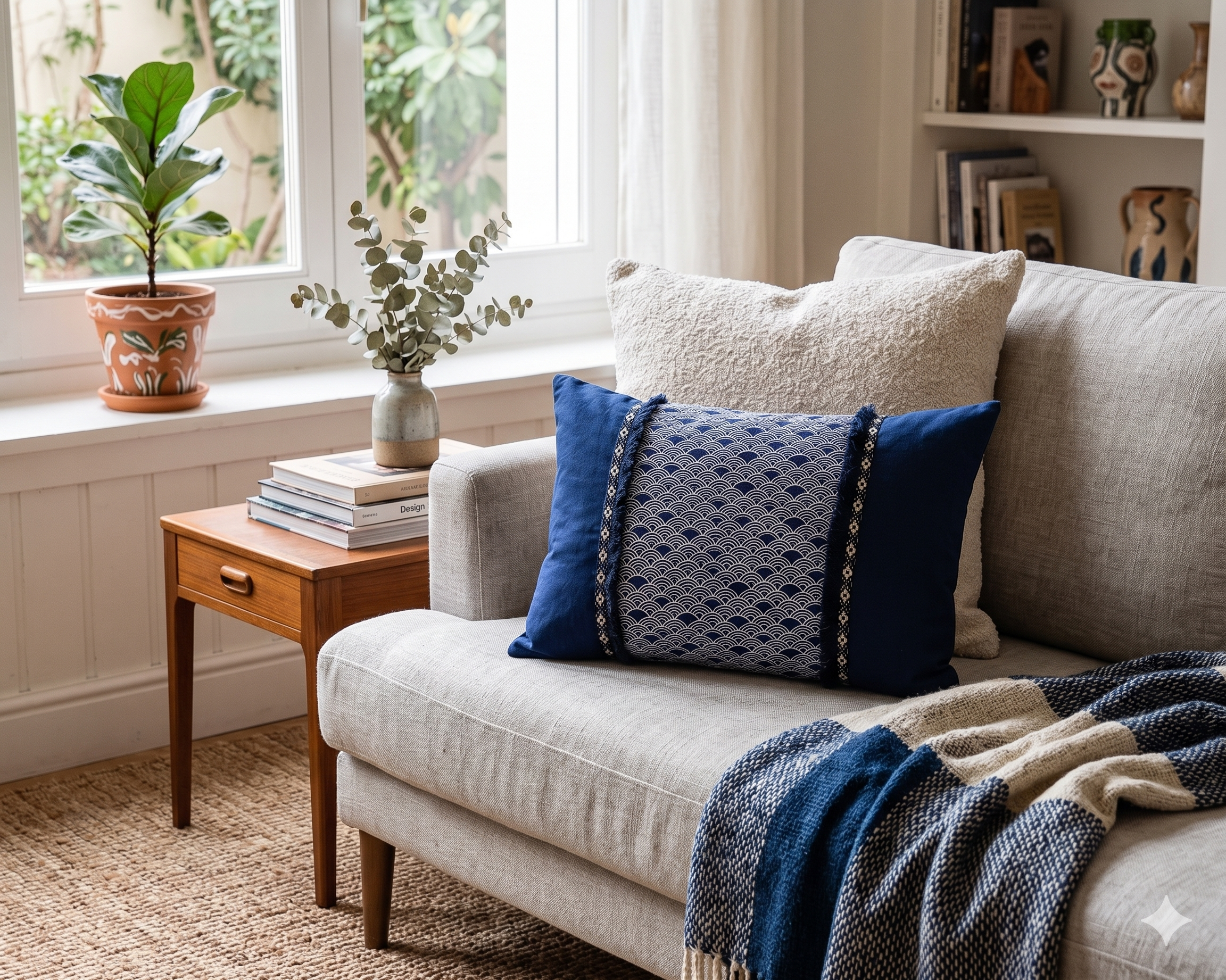 Cojín Rectangular Nami Azul 50x36 cm con Cinta Étnica | 100% Algodón (Con Relleno)