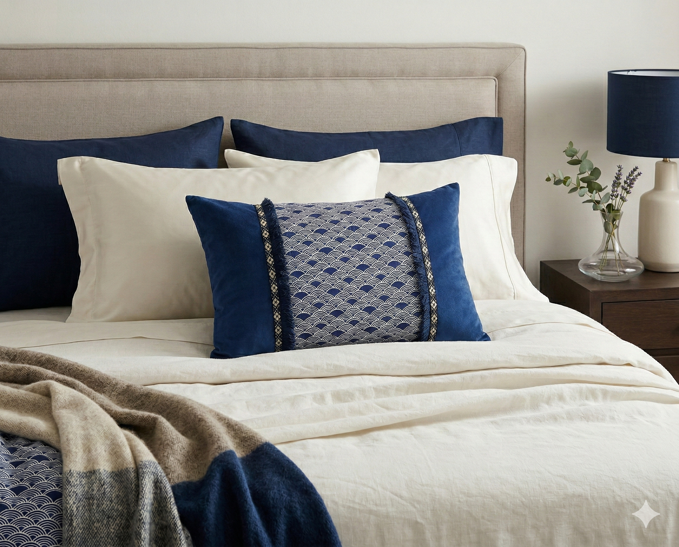 Cojín Rectangular Nami Azul 50x36 cm con Cinta Étnica | 100% Algodón (Con Relleno)