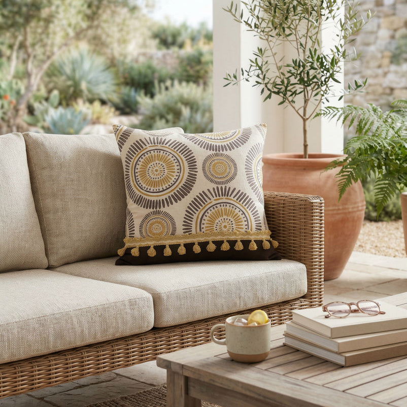 Cojín Sol con borlas ocre sobre sofá, fabricación artesanal Ruicor Textil