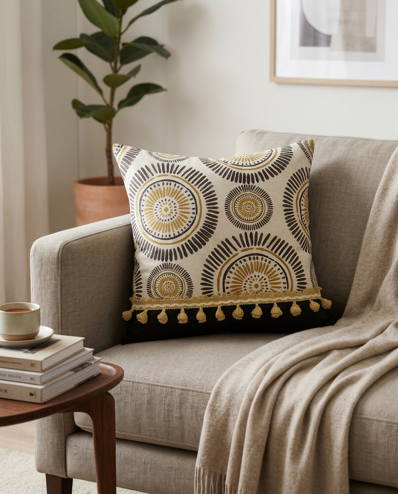 Cojín Sol con borlas, estilo boho chic, relleno artesanal incluido