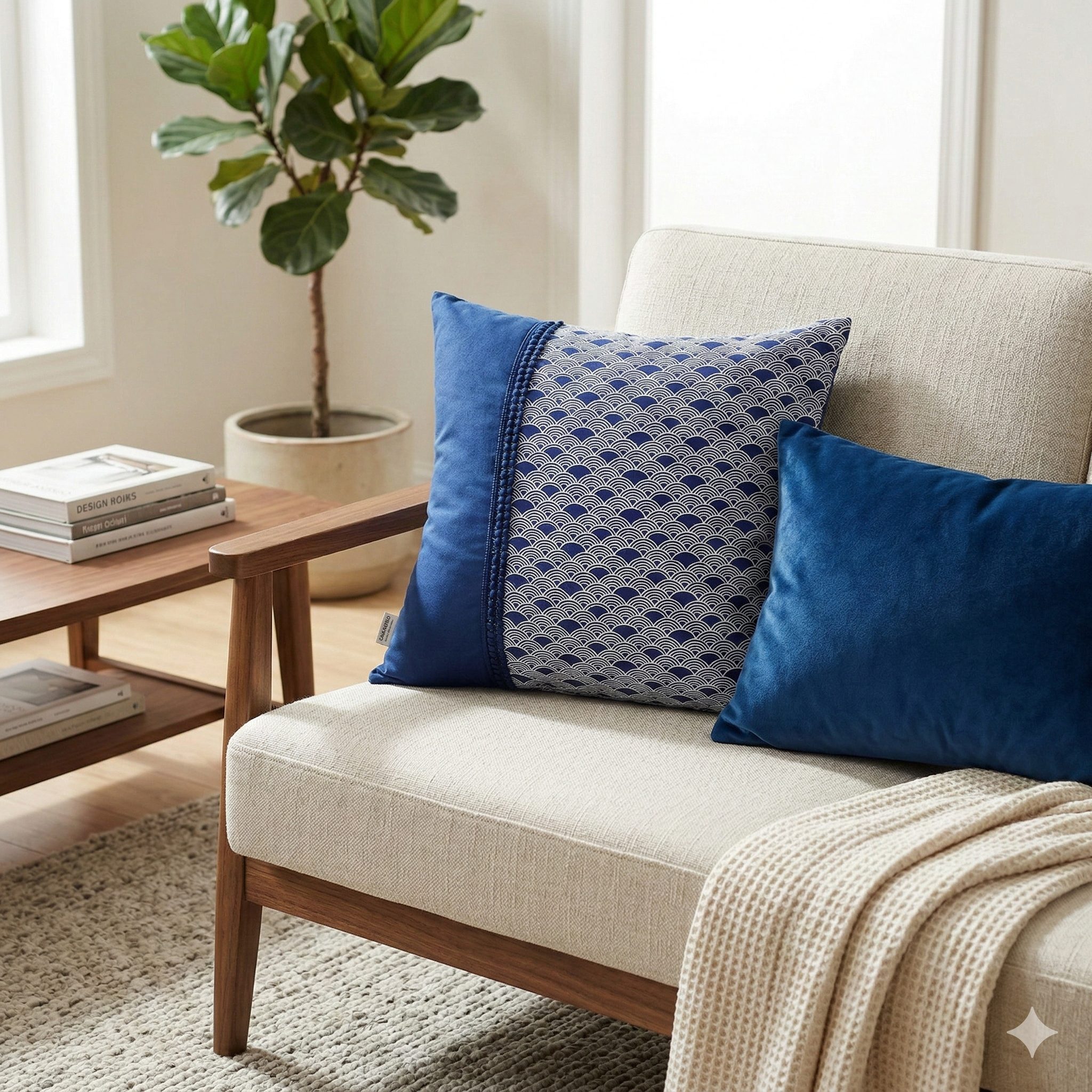 Cojín Combinado Olas Japonesas y Pasamanería Azul 45x45 | Algodón Premium