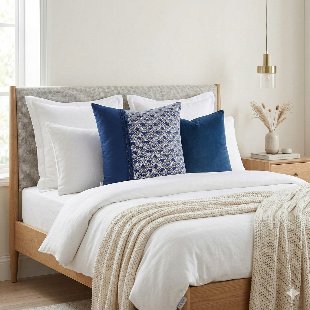 Cojín Combinado Olas Japonesas y Pasamanería Azul 45x45 | Algodón Premium