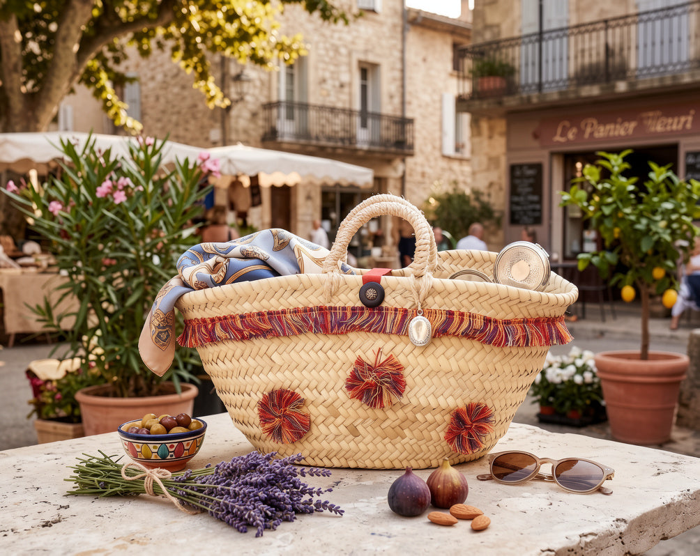 Cesto artesanal colorido de fibra natural, fabricación propia Ruicor Textil