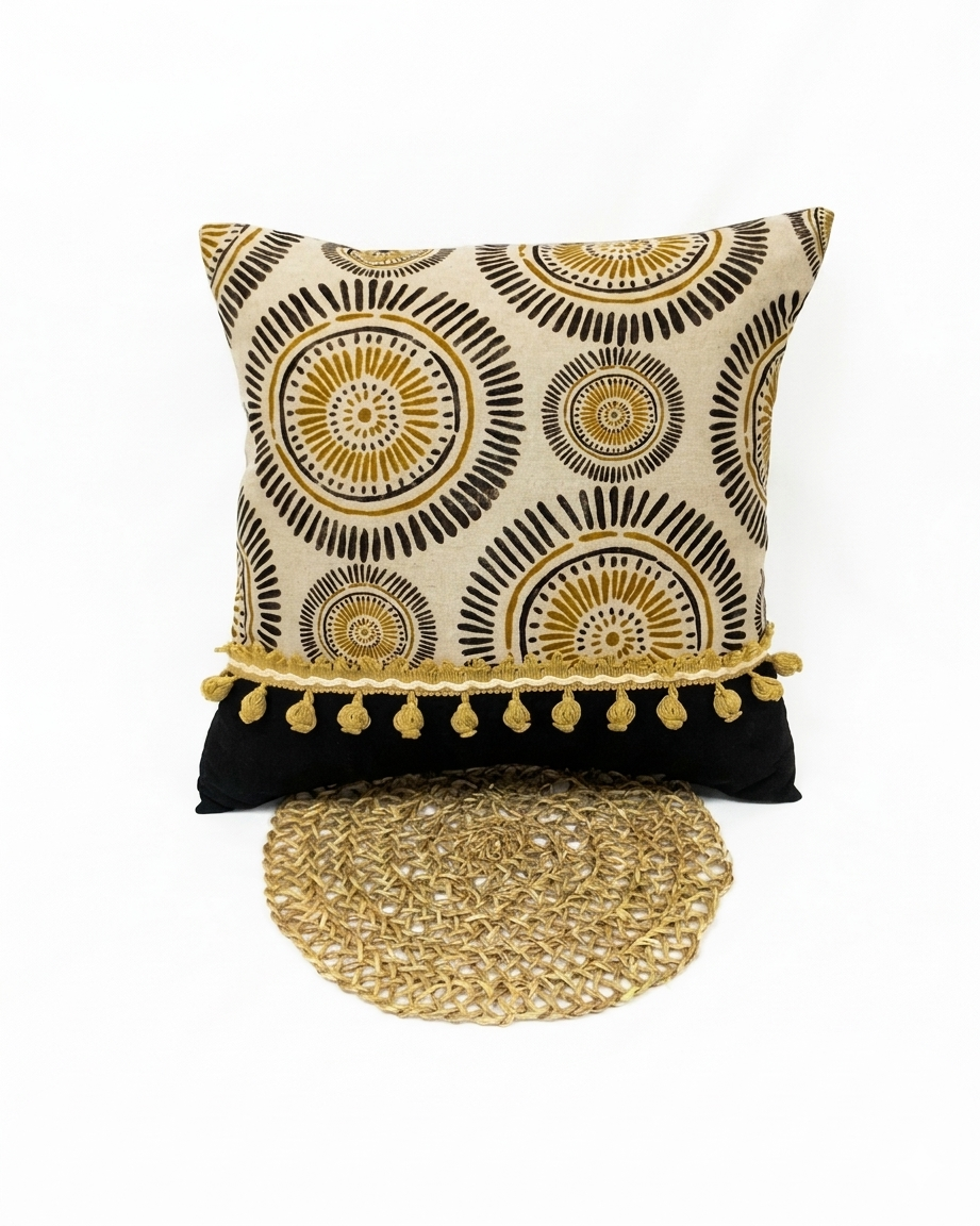 Cojín Sol con borlas en ambiente de salón boho, textura étnica